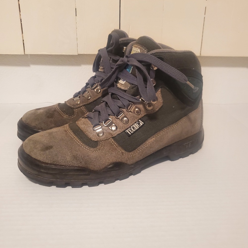 Tecnica Mesa Hiking Boots Mens 8.5 Grey Olive Green Suede Canvas Vintage 2502